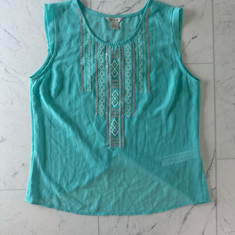 Ariat Green and Blue Sleeveless Tank Top with Embellishments sheer